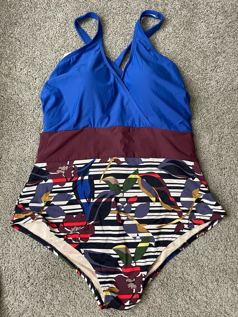 Eloquii Maroon and Royal Blue One Piece Swimsuit with Nude Lining